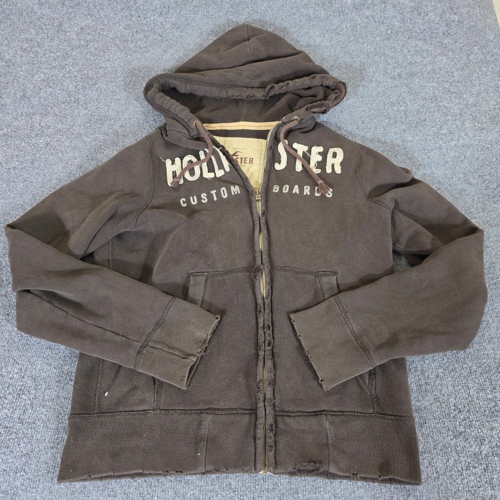 2000s Hollister Mens XL Brown Full Zip Hoodie Distressed Frayed Custom Boards